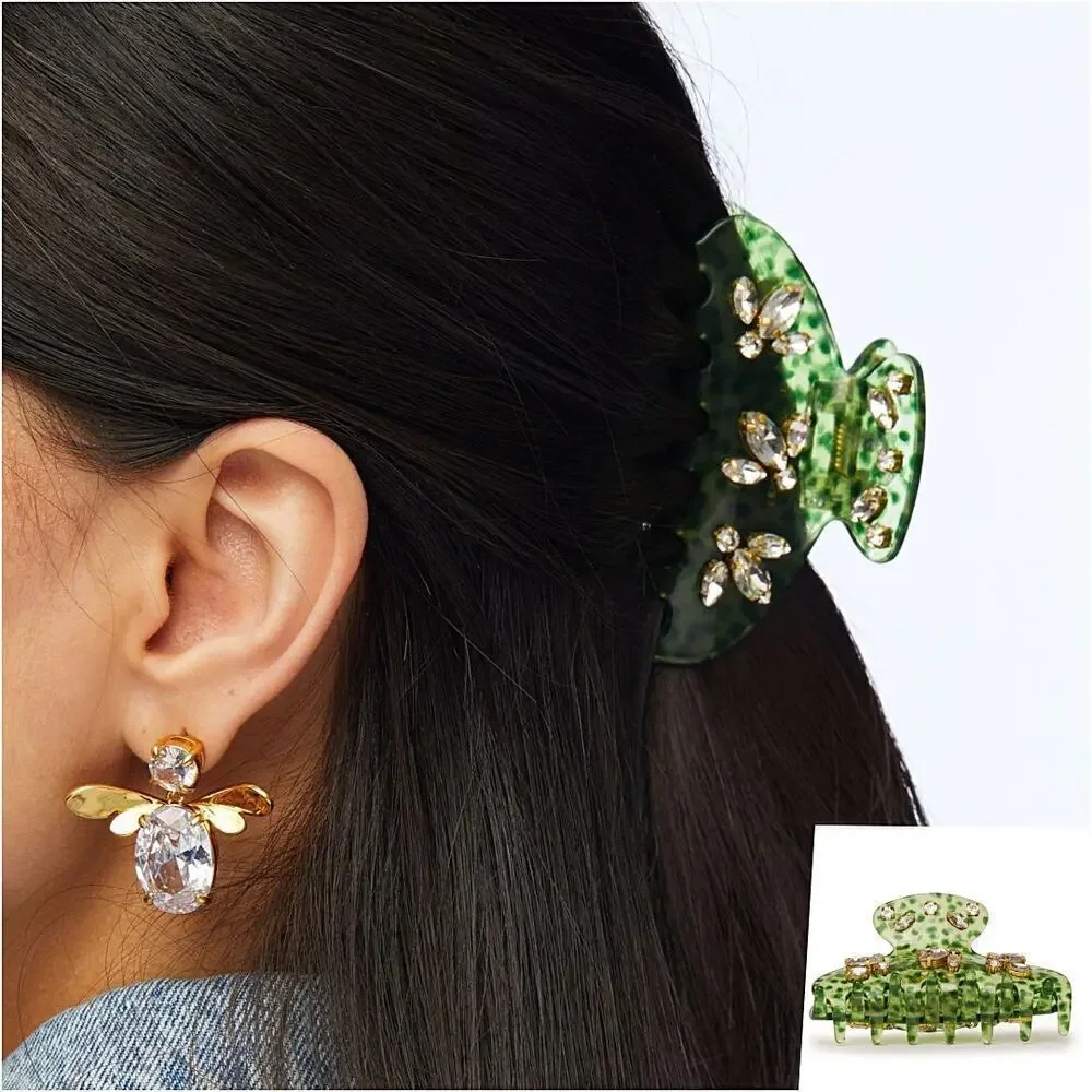 Lele Sadoughi 14k Gold Crystal Acetate Claw Clip Green NWT